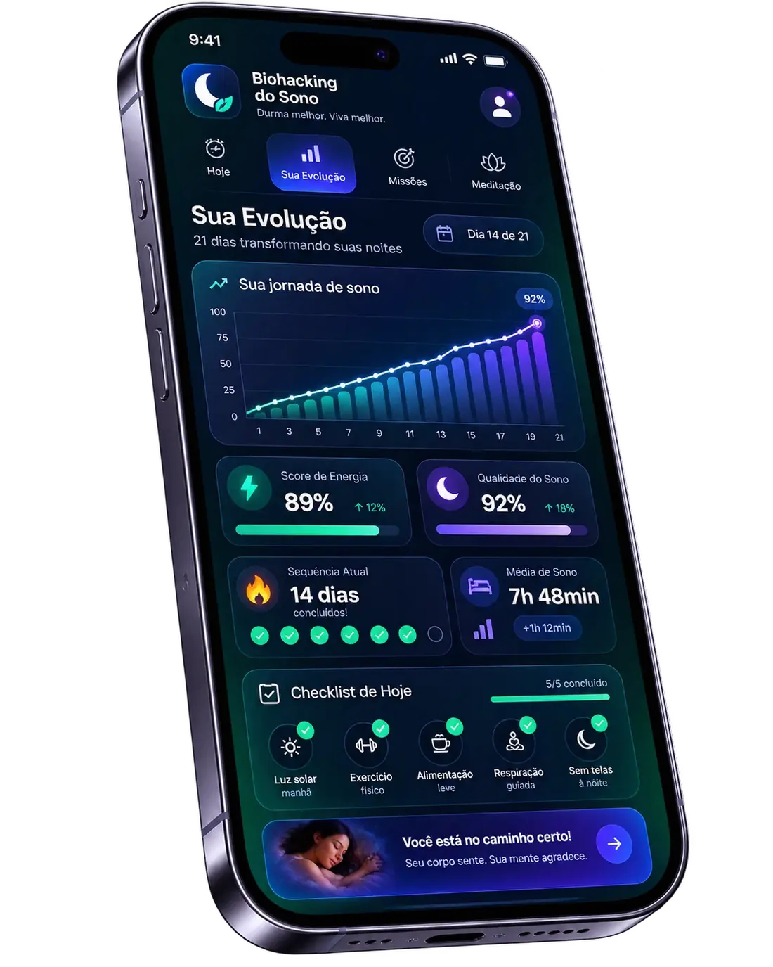 Tela de evolução do app, com indicadores de acompanhamento das 21 noites