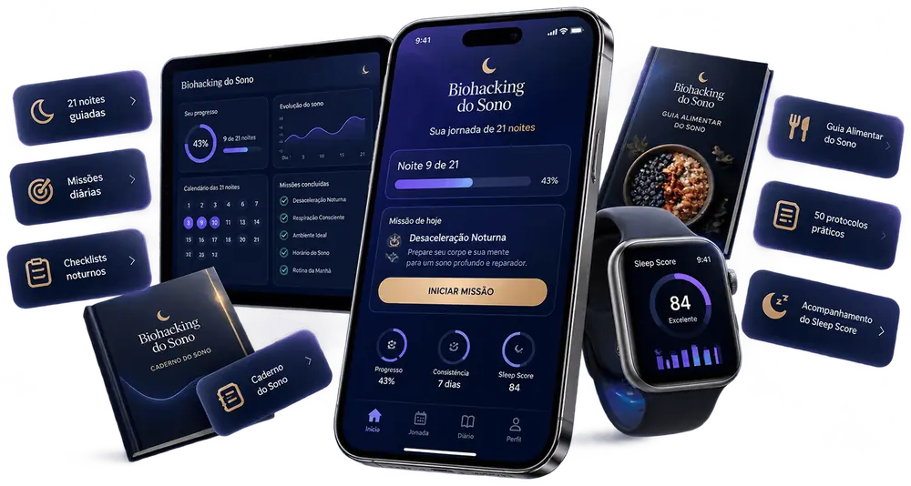 App Biohacking do Sono com missões diárias, checklists noturnos, 21 noites guiadas, caderno do sono, 50 protocolos, guia alimentar e acompanhamento do Sleep Score